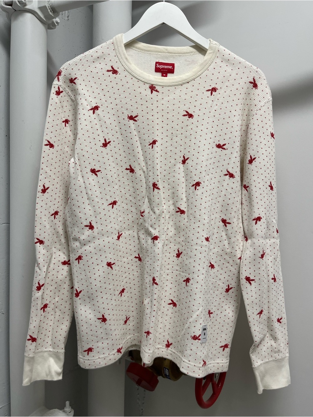 Supreme Cream Waffle Knit Crewneck with Red Embroidered Playboy Bunny Pattern